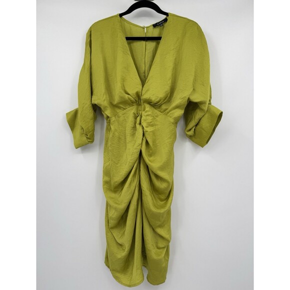 Aakaa Dresses & Skirts - Aakaa Chartreuse Satin Draped Midi Dress Sz M Green V-Neck Ruched Cocktail Chic